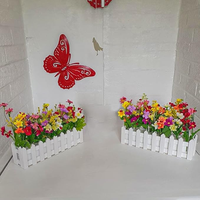 XONOR Artificial Flower Plants - Mixed Color Daisies in Picket Fence Pot for Indoor Office Wedding Home Decor, 2 Sets