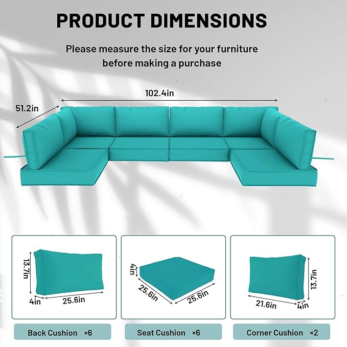 14 Piece Outdoor Sectional Cushions, Water-Resistant Outdoor Sofa Cushions Replacement, 4" High Density Foam Patio Furniture Cushions Fits 6-seat Rattan Conversation Set (Lake Blue)