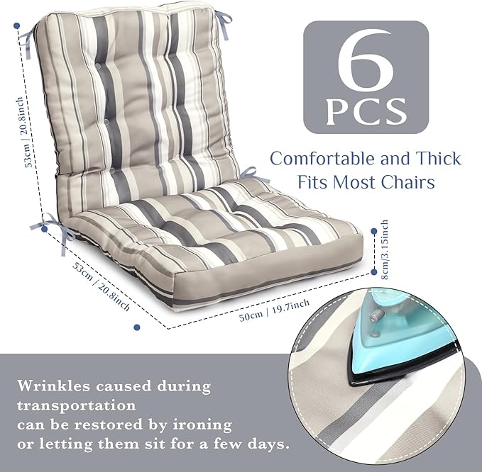 Hoteam 6 Set Patio Chair Cushions Outdoor High Chair Cushion 20 x 40 Inch Waterproof Patio Seat Rocking Indoor Thickened Pad(Striped Style,Beige)