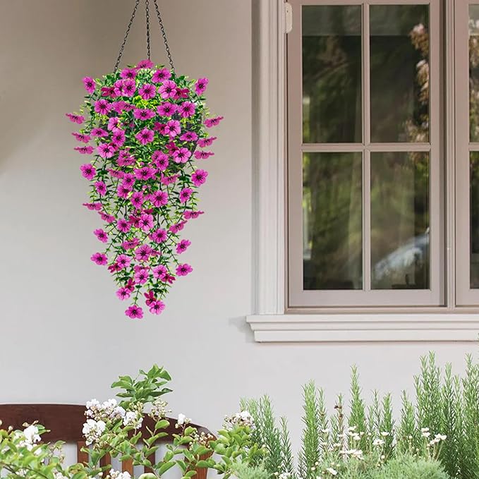 8 Pcs Fake Outdoor Artificial Flowers For Outdoors Uv Resistant, Plastic Flowers For Outdoors, Fake Hanging Plants Faux Flowers For Outdoor Planters, Silk Spring Flowers For Outside Porch（Purple）