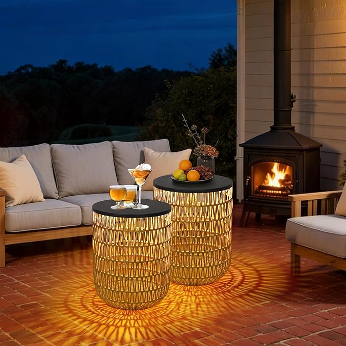 HMVPL Solar Outdoor Side Table Set of 2 with Dimmable Light, Round Patio Side Table for Outside, Outdoor End Accent Tables, Plastic Rattan Patio End Table for Poolside Backyard Gazebo, Dusk to Dawn