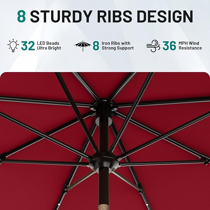 AreShark 9FT Patio Umbrella with Solar Lights, 32 LED Lighted Pool Umbrella w/Tilt and Crank, Outdoor Market Solar Umbrellas for Garden, Deck, Backyard, Pool and Beach, Dark Red