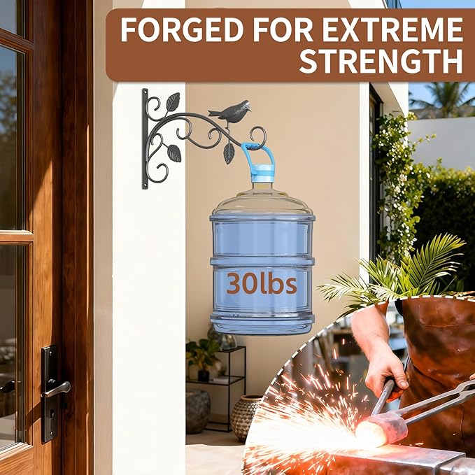 LASZOLA 4 Pack 12 Inch Hanging Plant Brackets, Heavy Duty Iron Wall Hooks with Decorative Bird and Leaf, Rust Proof Metal Outdoor Fence Hangers for Bird Feeders, Planters, Wind Chimes, Lanterns, Black