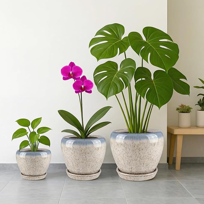 Deep Dream 6 Inch Plant Pots- Ceramic Planter Pot with Drainage Hole and Saucer, Round Flower Pot for Indoor Outdoor Succulent, Snake Plants and Cactus, Beige&Blue