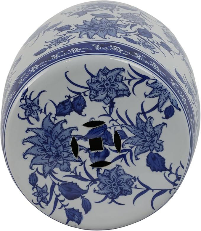 Decorative Chinoiserie Stool for Outdoor Side Table - Ceramic Floral Pattern for Indoor Garden, Entryway, and Patio Area - Home Decor Accent Stool for Plant Stand Display - 18", Blue & White