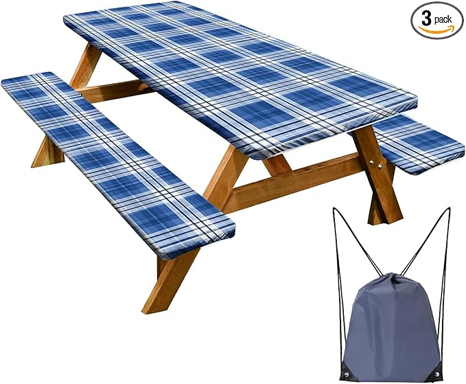 Picnic Table Cover with Bench Covers Set of 3 - Traditional Checkered Dark Blue Plaid Tablecloth, Elastic Fitted for 6 Ft Tables, Washable Polyester Cover for Camping, Indoor & Outdoor