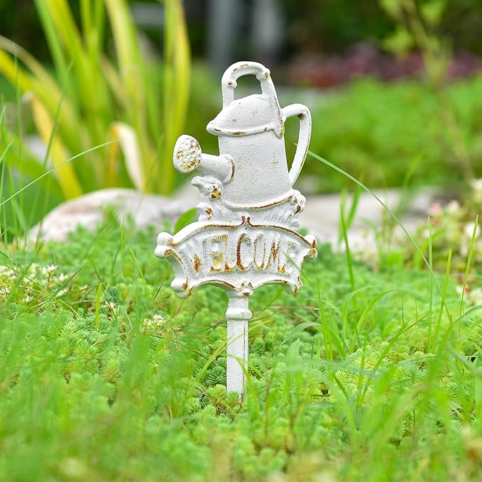 Sungmor Vintage Cast Iron Decorative Garden Stake, Rustic White Welcome Yard Art Sign with Stake, 12.6" Tall Metal Watering Can Stake with Welcome Sign, Lawn Patio Backyard Outdoor Spring Decor