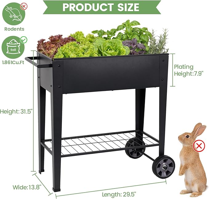 Tall Raised Garden Bed Outdoor with Wheels, Metal Elevated Raised Planter Box with Drainage Holes for Vegetables, Flower, Herbs(Black)