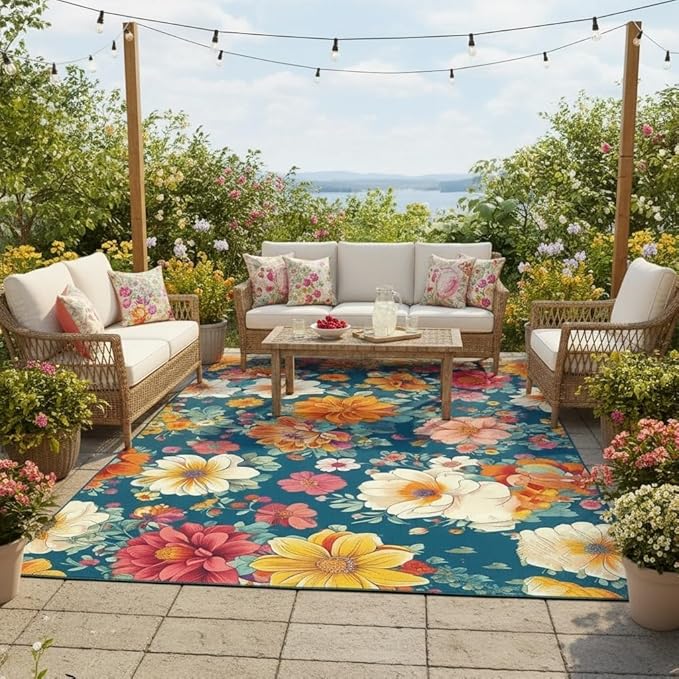 Retro Floral Textured Waterproof Outdoor Area Rug for Patio Deck Porch Balcony Garden Navy Blue Red Orange Washable Outside Large Thin Carpet 2x3 Farmhouse Entrance Hallway Non Slip Quick Dry Mat