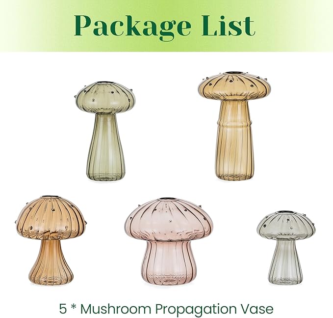 Hewory Glass Mushroom Propagation Stations: Set of 5 Unique Propagation Jars Glass Planter for Indoor Plants Home Decor - Amber Mushroom Vase Christmas Birthday Gifts for Plant Lovers Women Girls