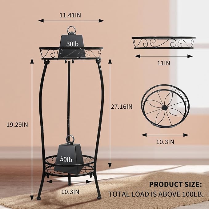 Plant Stand Indoor Outdoor 2 Tier 27" Tall Metal Potted Holder Rack Flower Pot Stand Heavy Duty Plant Shelf Rustproof Iron Multiple Plant Round Supports Rack for Planter Corner Garden
