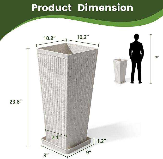 Tapered Tall Planters for Outdoor Plants 2 Pack- 23.6 Inch Heavy-Duty Classic Square Indoor Flower Pots with Drainage Holes/Partition/Tray, Large Outdoor Planters for Porch Patio, White