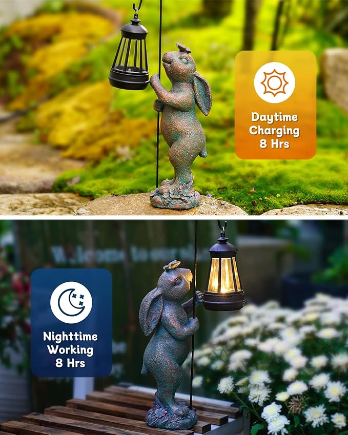 Garden Statues Outdoor Bunny with Solar Lantern – Rabbit Yard Decor, Waterproof Resin Figurine Pathway Light for Lawn & Patio