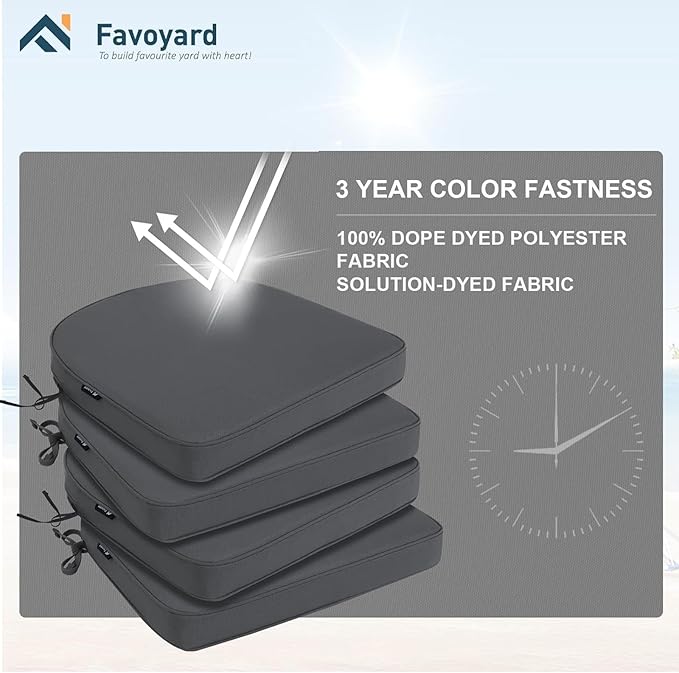 Favoyard Outdoor Chair Cushions 17"x16"x2" Set of 4 Waterproof Seat Cushion for Patio Furniture with 3-Year Fade Resistant Removable Cover Attach Straps Hidden Zipper Round Corner for Yard Garden