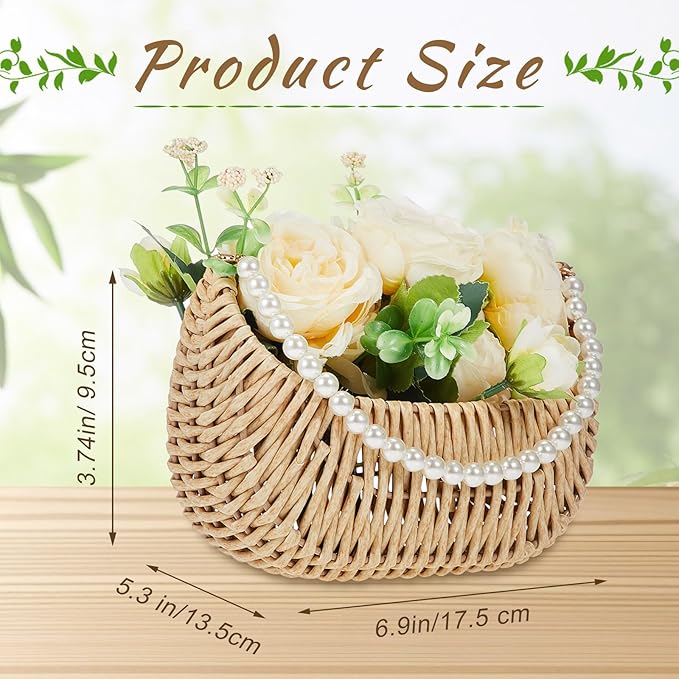 Taiyin 2 Pcs Rattan Flower Girl Basket with Pearl Handle Small Half Moon Wicker Basket for Wedding Flower Girl Picnic Garden Storage and Home Decor (Light Brown)