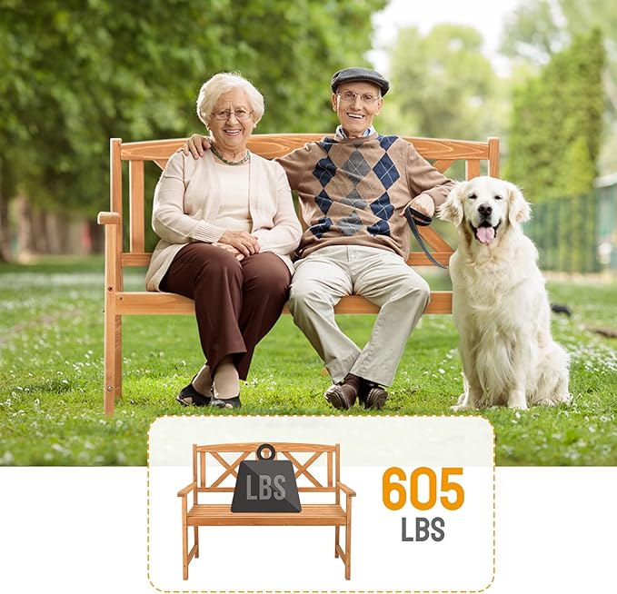Outvita Wooden Garden Bench, Outdoor Wood Patio Bench, Rustic 2-Person Loveseat Chair w/Armrest for Porch Poolside Park Backyard Balcony, Capacity 605Lbs, X Backrest