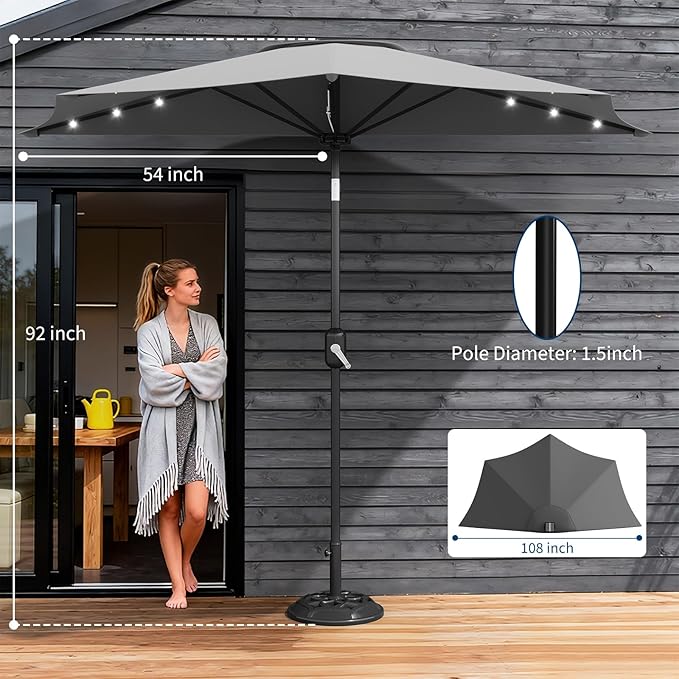 Garvee Patio Umbrella 9FT - Half Umbrella Outdoor with Solar LED Lights and Smooth Crank Lift, Outdoor Shade Canopy for Patio, Backyard, Garden, Deck, Balcony -Gray