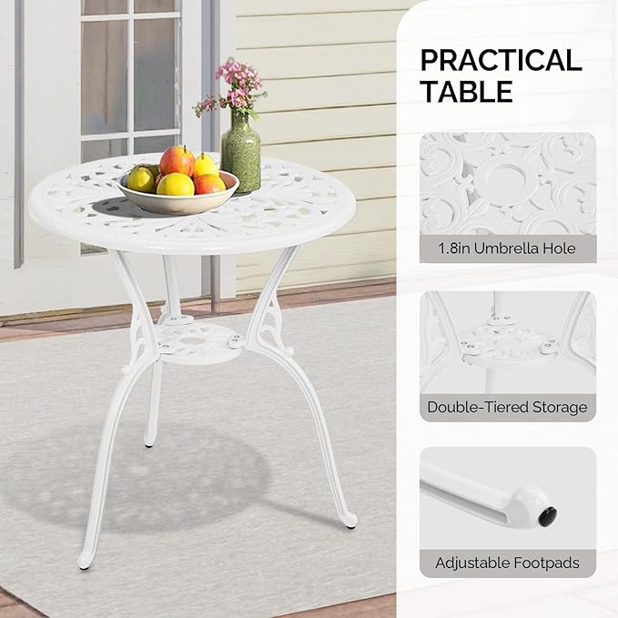 Outvita Patio Table and Chairs Set, Cast Aluminum Outdoor Cafe Table and Chairs Set of 3, Stability Patio Bistro Sets with Umbrella Hole for Garden, Patio, Balcony, Butterfly Pattern White