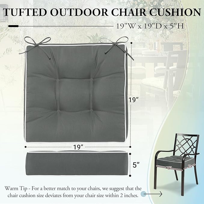 Wellsin Outdoor Chair Cushions Set of 2, Patio Cushions for Outdoor Furniture, Tufted Waterproof Outdoor Chair Pads, 19 x 19 Inch, Dark Gray