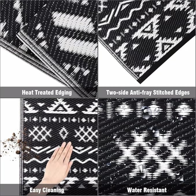 Pendolr 5’x8’ Outdoor Rug Waterproof Carpet Patio Rugs Outdoor Plastic Straw Rug Camping Rug Reversible Outside Outdoor Area Rug for Balcony Deck Backyard RV Picnic Beach Black&White 02#