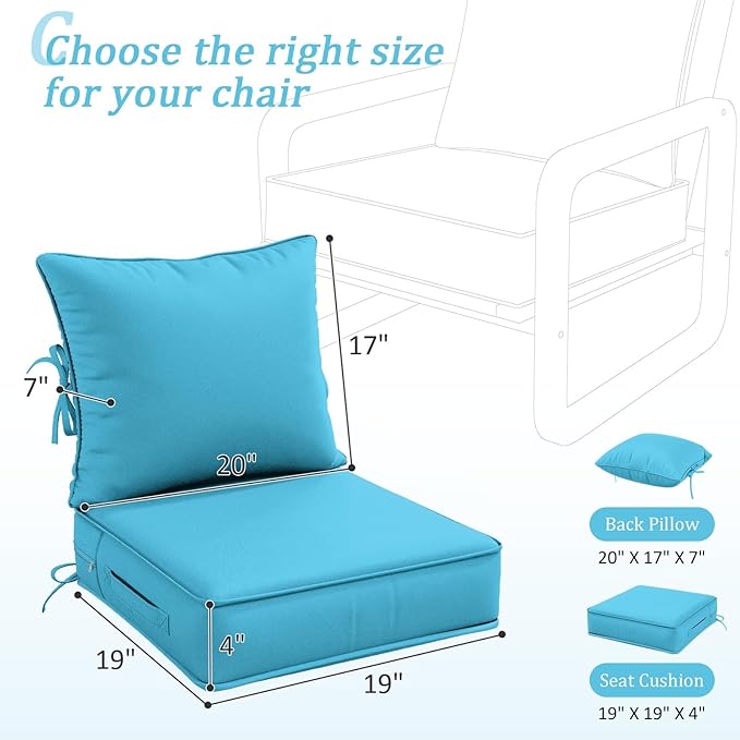 Outdoor Patio Chair Cushions Set 19 L X 19 W X 4 H Inch Waterproof & Fade Resistant Deep Seat and Back Cushions with Removable Covers Outdoor Seat Cushion Set for Chairs and Sofas