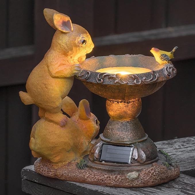 Banax Solar Rabbit Bird Bath for Garden, Ornaments Outdoor Statue Garden Gifts Waterproof Resin Sculpture with Solar Lights Outdoor Ornament for Christmas Decorations & Home Decor