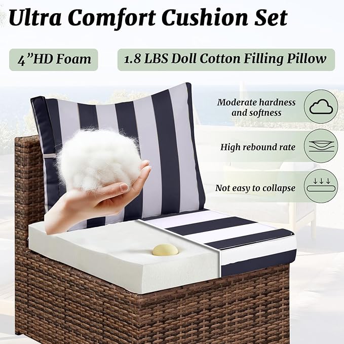 Outdoor Sectional Cushions Replacement Set, 26x26in Patio Furniture Cushions, 14 Pieces Waterproof Outdoor Couch Cushion for 6 Seat Wicker Conversation (Navy Blue with White Stripes)