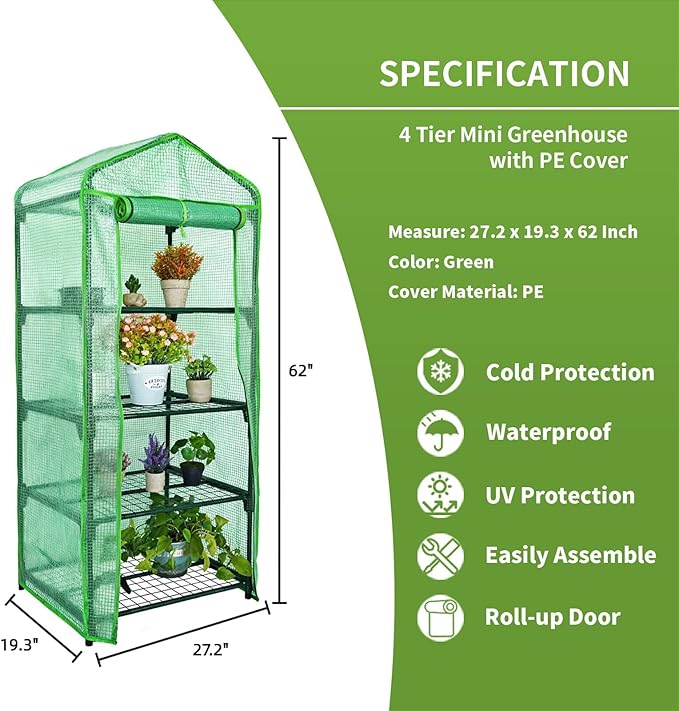 4 Tier Mini Greenhouse - Portable Indoor Outdoor Green House with 24lbs Per Shelf, Durable PE Cover & Tool-Free Assembly for Garden Balcony Patio Backyard