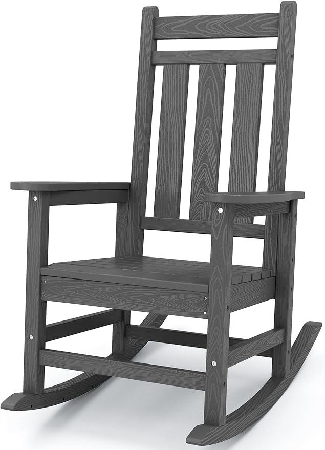 KINGYES Outdoor Rocking Chair, All-Weather Patio Rocking Chairs for Porch, HDPE Rocking Outdoor Chairs with High Back for Adult, Heavy Duty Outdoor Patio Rockers for Garden, Lawn, Gray