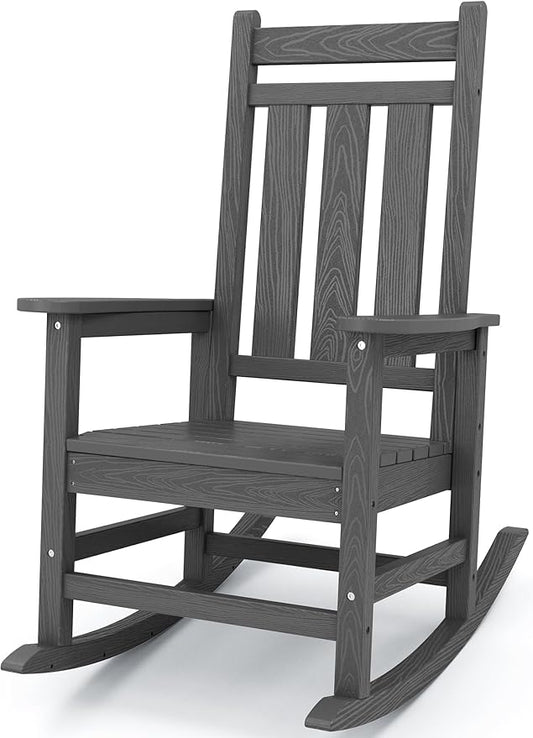KINGYES Outdoor Rocking Chair, All-Weather Patio Rocking Chairs for Porch, HDPE Rocking Outdoor Chairs with High Back for Adult, Heavy Duty Outdoor Patio Rockers for Garden, Lawn, Gray