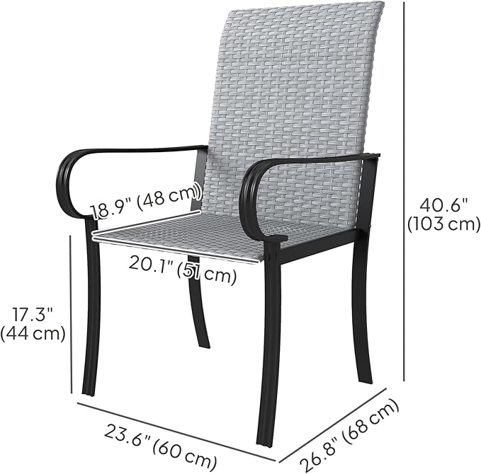 Outsunny Set of 4 Outdoor Wicker Dining Chairs, All-Weather Rattan Armchairs with Armrests, Steel Frame, High Back and Deep Seating, for Garden, Patio, Deck, Yard, Poolside, Gray