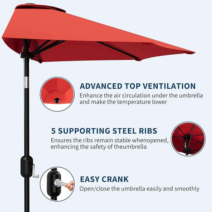 Garvee Patio Umbrella 9FT - Half Umbrella Outdoor with Smooth Crank Lift, Outdoor Shade Canopy for Patio, Backyard, Garden, Deck, Balcony -Red