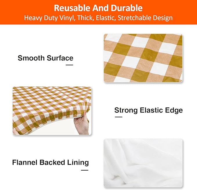 KENOBEE 8ft Picnic Table and Bench Cover, Camping Essentials RV Gear, 96 in Waterproof Windproof Outdoor Elastic All Around Tablecloth, Fitted Rectangle Tables and Seats, Coffee-White Checkered