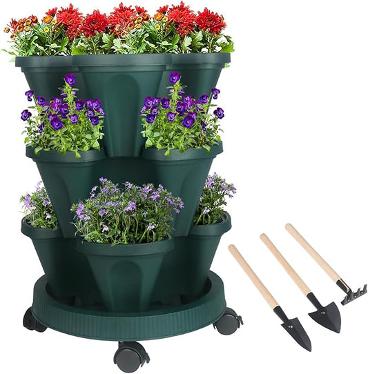 GameXcel Vertical Planter 3 Tier Stackable Planters Garden Planters Strawberry Herb Flower and Vegetable Planter Indoor Outdoor Gardening Pots with Removable Wheels and Tools