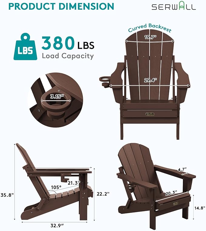 SERWALL Folding Adirondack Chair Set of 4 for Patio Garden Outdoors Fire Pit- Coffee