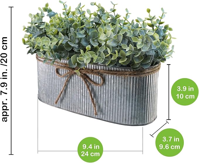 Winlyn Artificial Eucalyptus Arrangement in Rustic Oval Galvanized Metal Planter Box Faux Eucalyptus Bush Greenery Potted Plants for Farmhouse Indoor Home Office Table Centerpiece Kitchen Décor