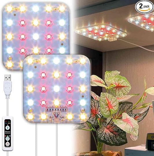 DOMMIA Full Spectrum LED Grow Light for Indoor Plants, 2 Panels 10W with 6/12/16h Timer Dimmable Plant Lights for Flower Veg Plant Growth USB, Warm White, 2-Pack
