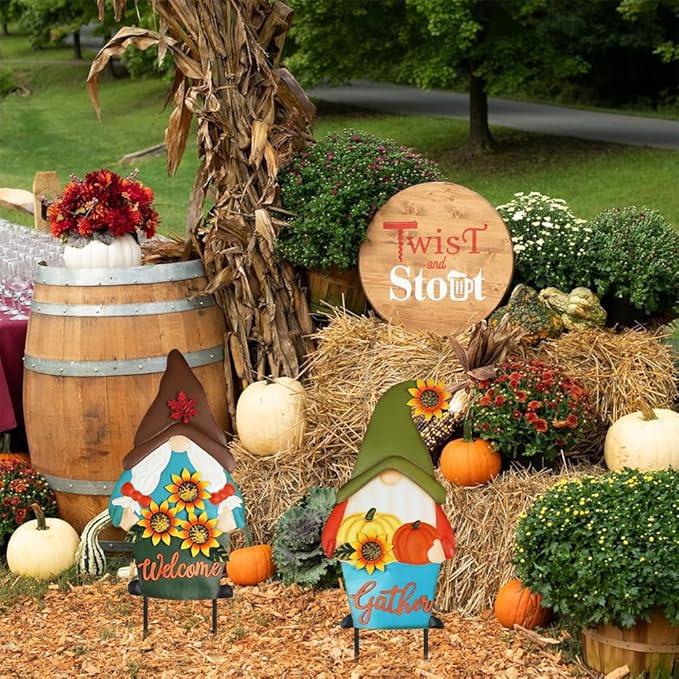 PHITRIC Fall Decorations for Home Outdoor, 2 Pcs Metal Gnome Decorative Garden Stakes with Pumpkins Sunflower for Fall Decor, Yard Signs for Garden Home Lawn Patio Thanksgiving Decorations