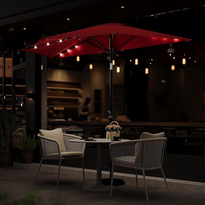 Garvee Patio Umbrella 9FT - Half Umbrella Outdoor with Solar LED Lights and Smooth Crank Lift, Outdoor Shade Canopy for Patio, Backyard, Garden, Deck, Balcony -Red