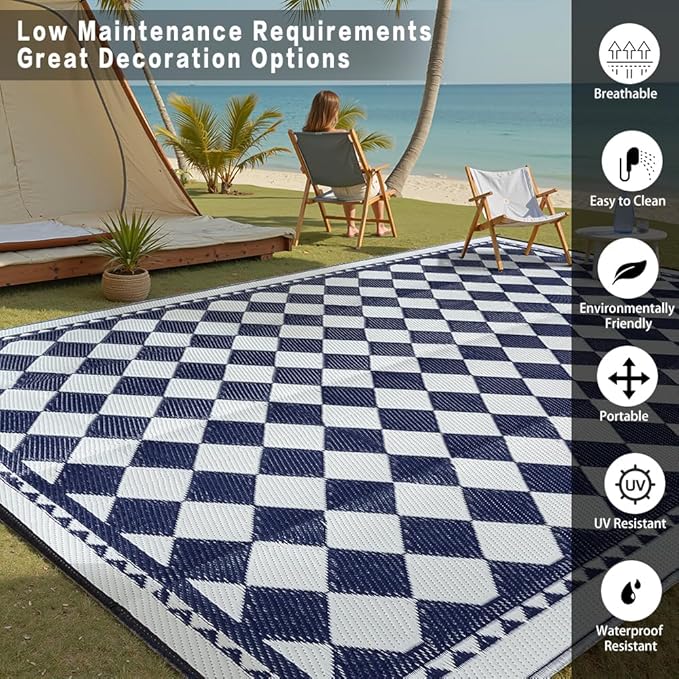 HUGEAR Outdoor Waterproof Rug 8'x10' Plastic Straw Rugs Washable Reversible Floor Mat Blue Plaid Carpet for Camping RV Deck Entryance Porch Picnic Balcony Beach Backyard