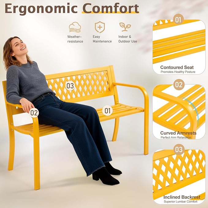 Outvita Outdoor Bench, 47" Iron Steel Frame Garden Bench with Mesh Pattern and Plastic Backrest Armrests, Patio Bench for Garden Park Yard Front Porch Patio, Yellow