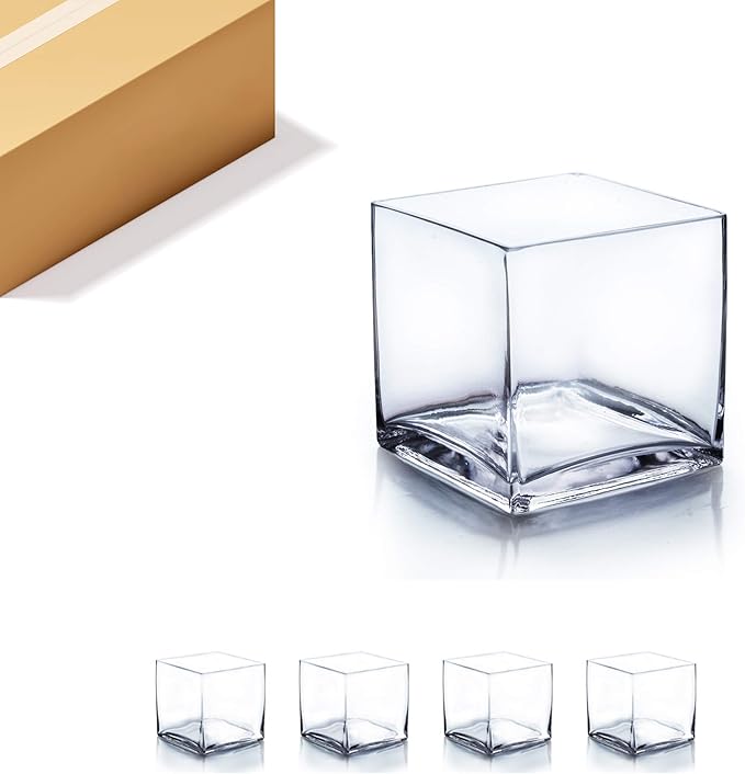 WGV Cube Glass Vase Bulk, Candle Holder, 7"x7"x7", Clear Elegant Floral Accent Container Planter Terrarium Storage for Wedding Party Ceremony Event Home Decor, 4 Pieces VCB0007