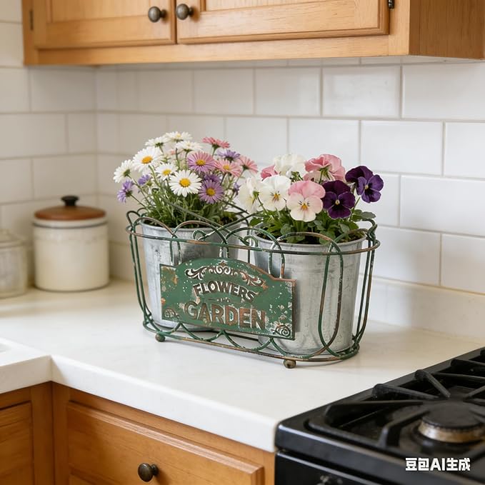 Vintage 2-Piece Metal Planter Set, Distressed Green Iron Wire Basket with Flowers Garden Sign, Rustic Farmhouse Plant Pots for Tabletop, Window Sill & Balcony Decor