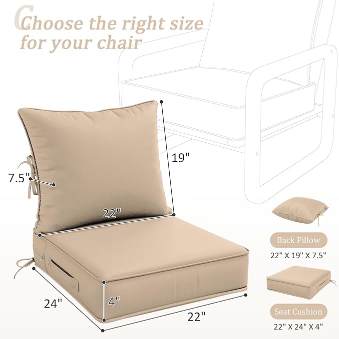 Outdoor Patio Chair Cushions Set 22 L X 24 W X 4 H Waterproof & Fade Resistant Deep Seat and Back Cushions with Removable Covers Outdoor Seat Cushion Set for Chairs and Sofas