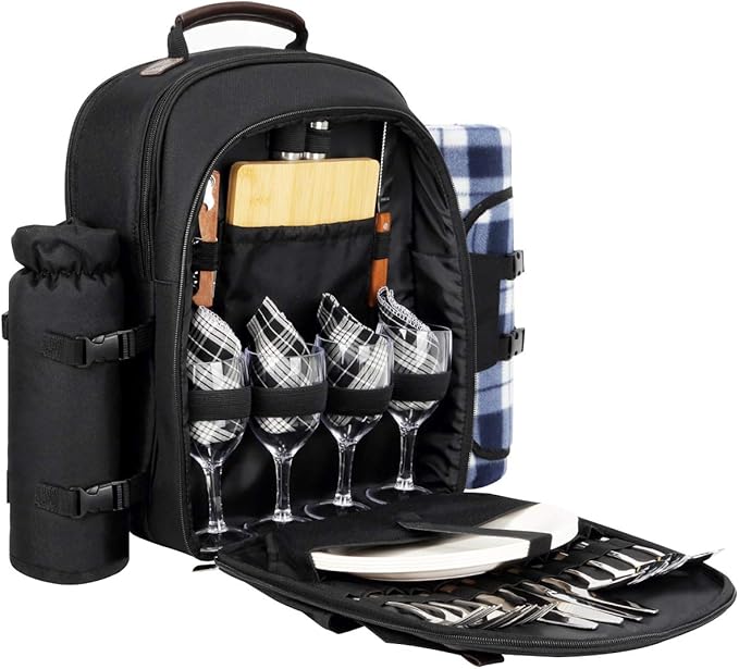 Sunflora Picnic Backpack for 4 Person Set Pack with Insulated Waterproof Pouch for Family Outdoor Camping (Black)