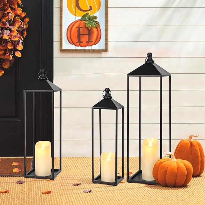 22'' 19'' 17'' Lanterns Decorative Outdoor Indoor, Set of 3 Black Metal Candle Lanterns Christmas Lanterns Modern Farmhouse Floor Lantern Decor for Room, Porch, Mantle, Patio, Garden