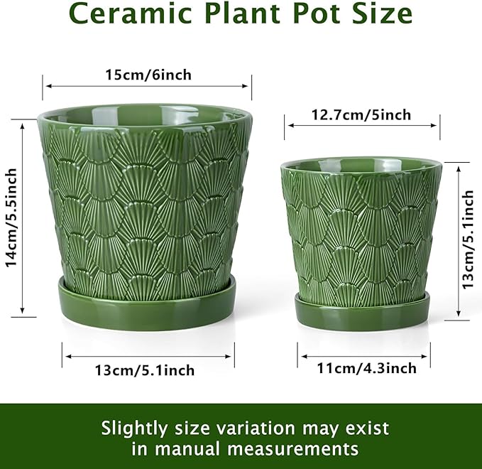 Ceramic Plant Pot,5+6 Inch Flower Pots with Drainage Hole&Tray,Ceramic Planter for Succulents Cactus,Indoor/Outdoor Pot for Plants,Set of 2- Patina