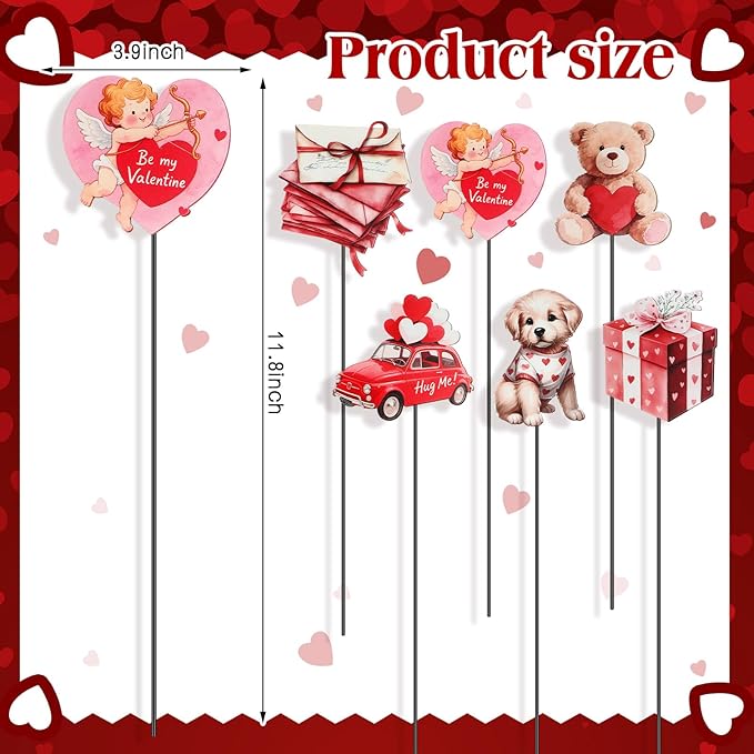 Pickmesh 6 Pcs 12" H Valentine's Day Metal Yard Sign Vintage Valentine Metal Yard Sign Barn Garden Stake for Planter Pot Walkway Pathway Outdoor Decor Lawn Decoration