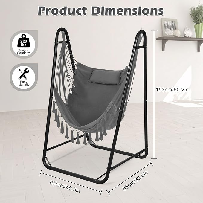 Hammock Chair with U Shape Stand, Cotton Swing Chair with Side Pocket, Heavy-Duty Metal Frame with Hanging Seat, Multi-Functional Swing Stand for Indoor and Outdoor Patio Yard Garden (Black)
