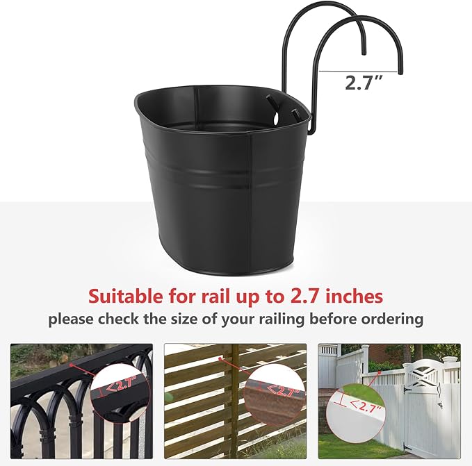Dahey 3 Pcs Wall Planters for Indoor Plants 10.6 Inch Metal Hanging Flower Pots for Railing Fence Outdoor Countryside Window Flower Holder with Hooks Drainage Holes for Garden Yard Home Decor, Black